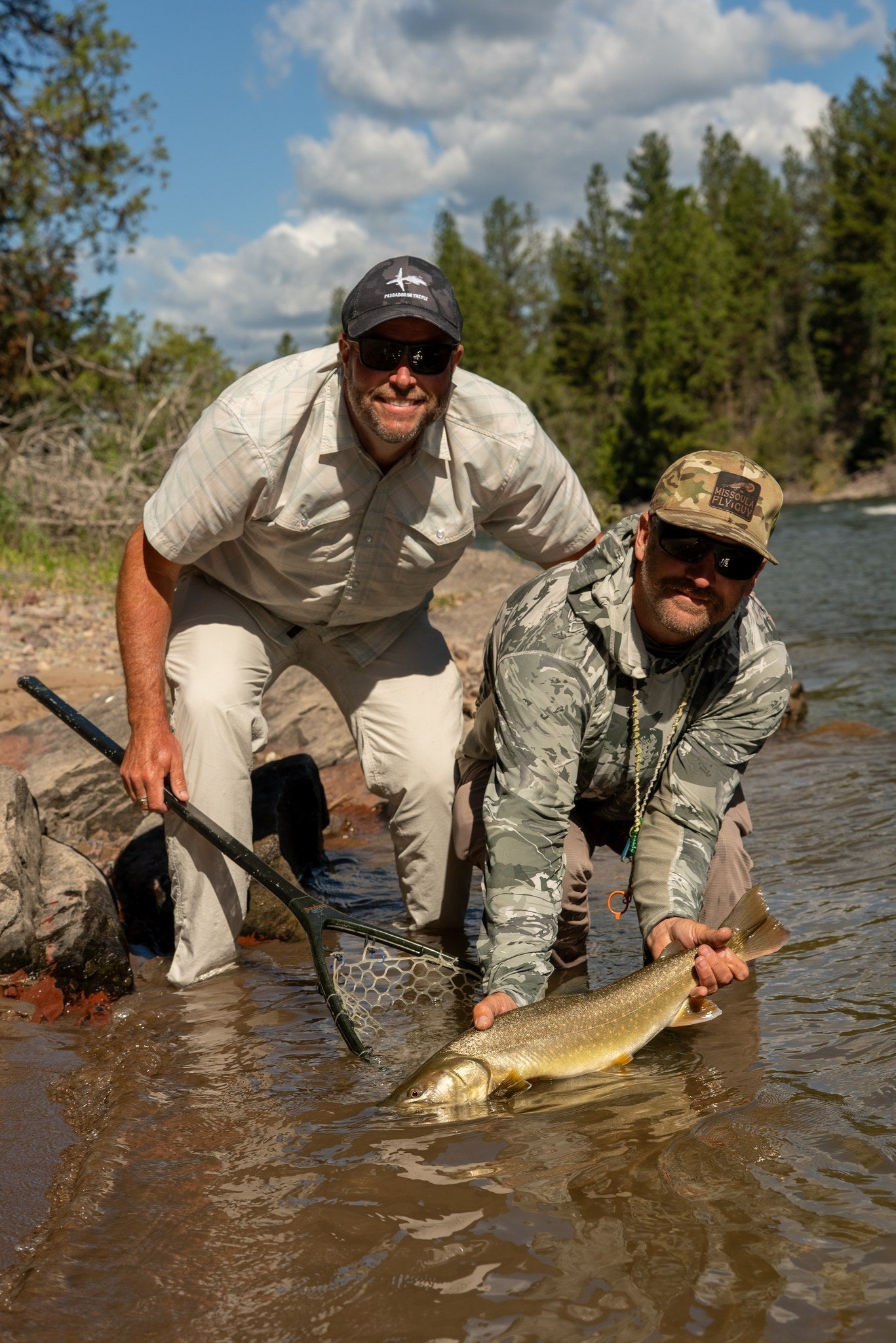 Two anglers supporting a bull trout low in the shallows of the Blackfoot, Montana