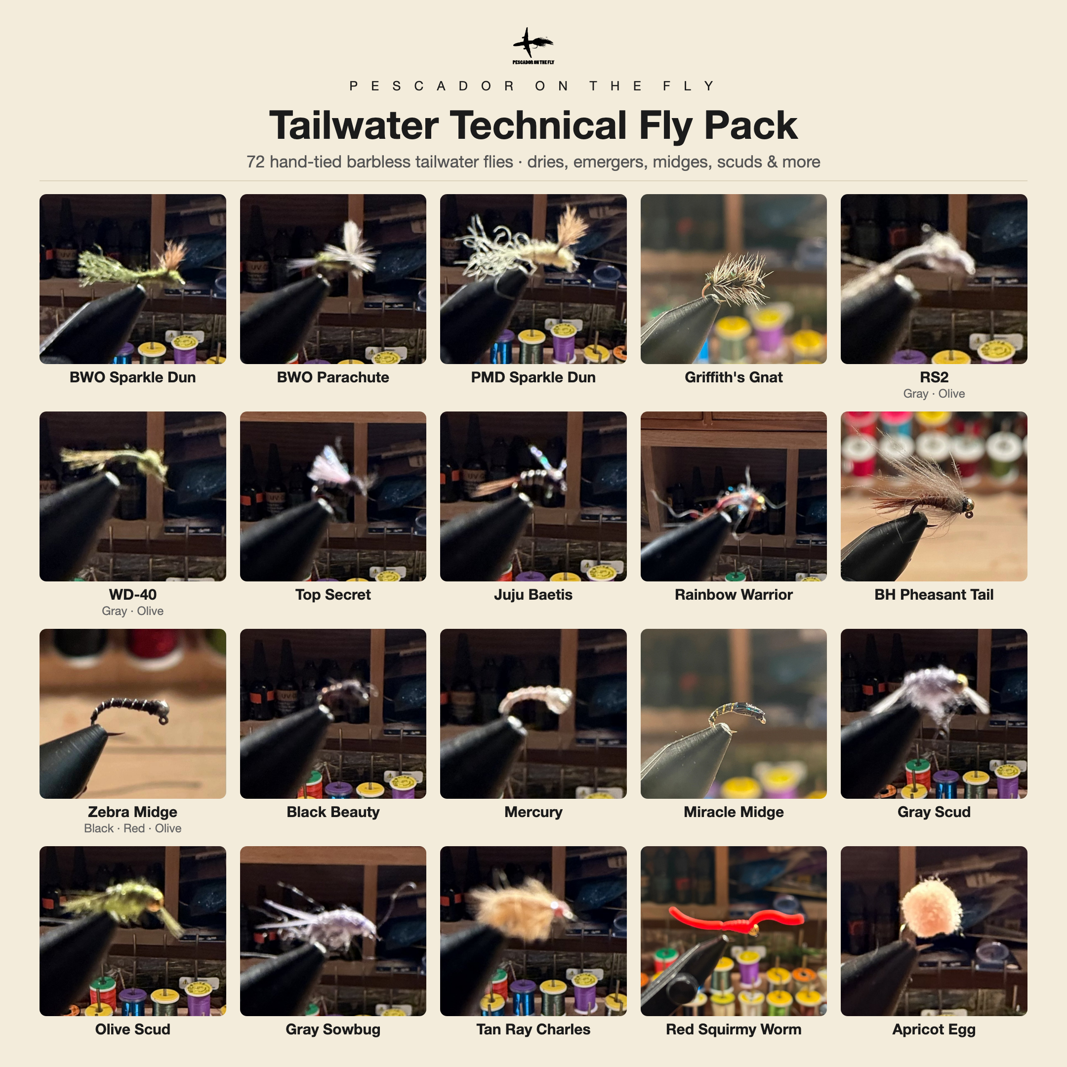 Tailwater Technical Fly Pack - 72 hand-tied barbless tailwater flies