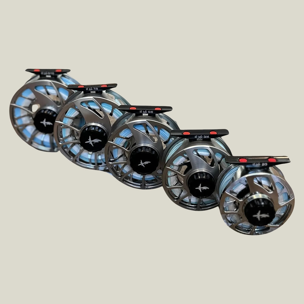 El Jefe sealed-drag fly reels in several sizes, showing how reel size matches rod line weight