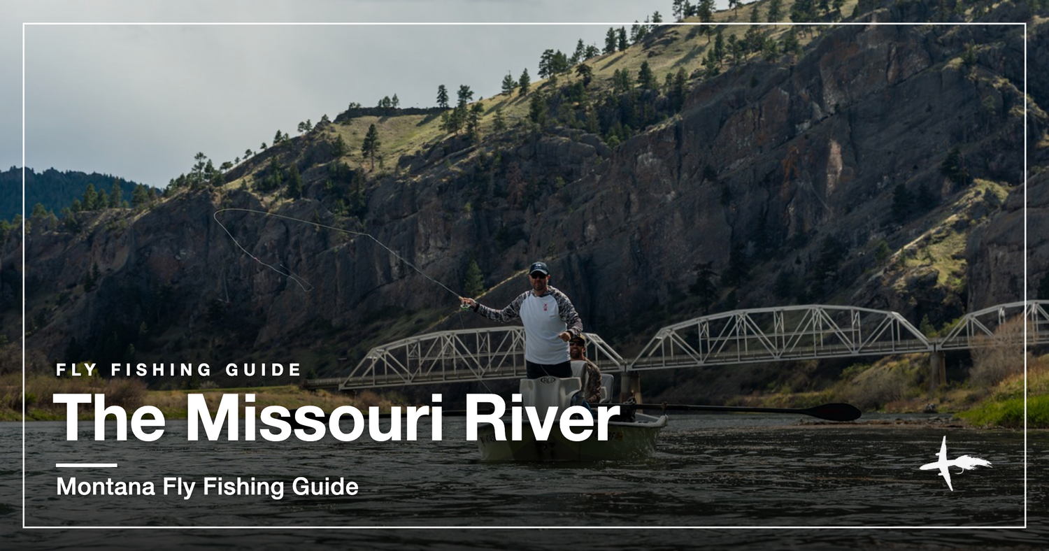 Fly angler casting from a drift boat below a steel bridge on the Missouri River near Craig, Montana