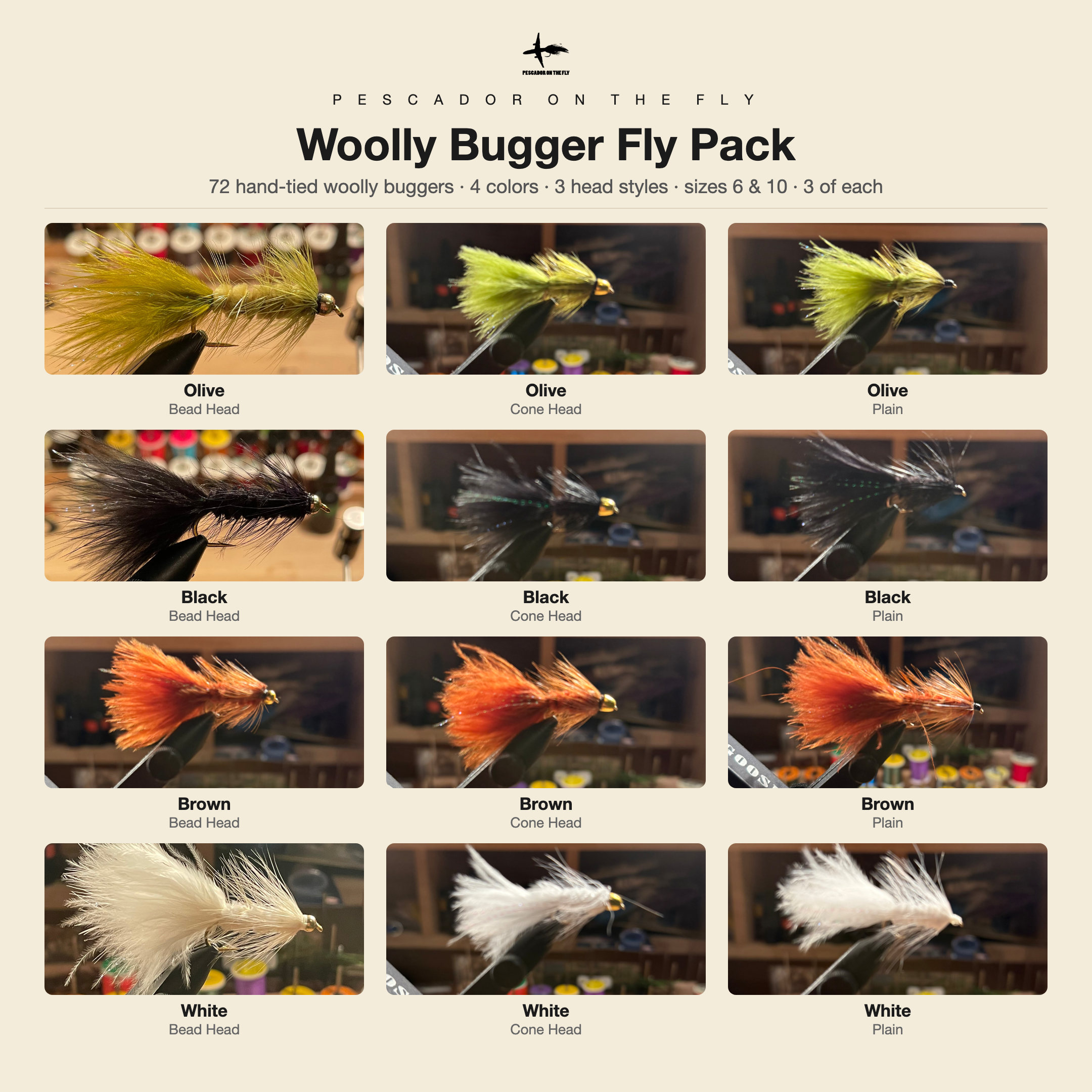 Woolly Bugger Fly Pack - 72 hand-tied woolly buggers in olive, black, brown and white with bead head, cone head and plain options