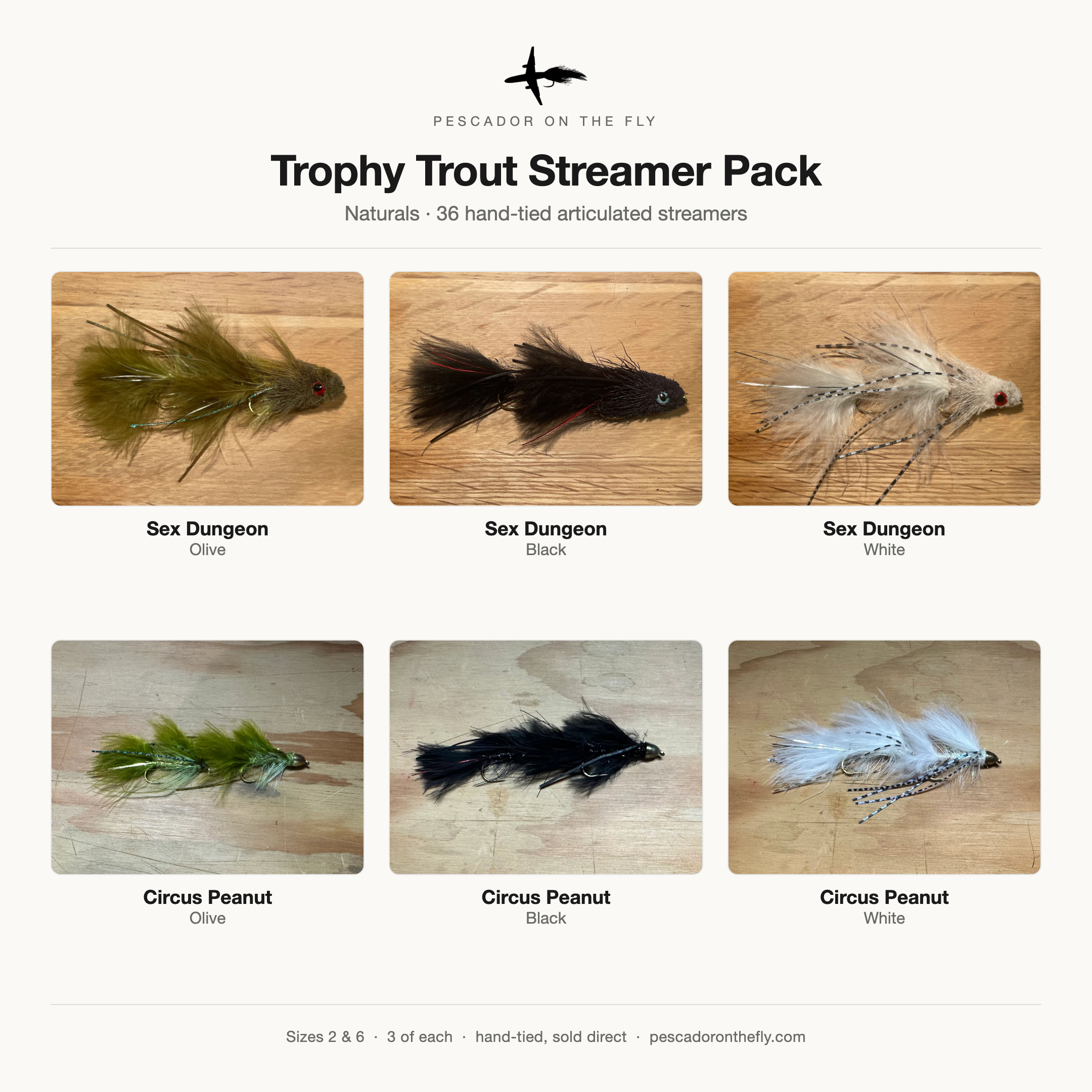 Trophy Trout Streamer Pack Naturals — Sex Dungeon and Circus Peanut articulated streamers in olive, black and white